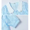 Coração Beading Botões Coreano Chiffon Malha Perspectiva Jacquard de Manga Curta Boneca Boneca Colares Camisas Mulheres Verão Blusa 210601