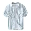 Striped Hemp Shirts for Men Summer Fashion 100%Cotton Short Sleeve Casual Safari Style Tops Male Korean Clothes 210601