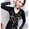 Korean Diamonds Peach Hearts V-Neck Tshirt Jesień Winter Top Długi Rękaw Back Odzież Koszula Camiseta Mujer T98106 210421