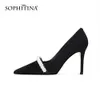 SOPINA Matyre Style Sexy Pumps Mujer Shallow String Bead Pearl Punta estrecha Suede High Thin Heel Dress Shoes PO1081 210513