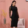 Summer Lace Long Sleeve Bandage Dress Women Sexy Hollow Out Black Club Midi Celebrity Evening Party Vestido 210423