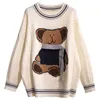 Women Long Sweater and Pullovers Cartoon Bear Embroidery Fashion Korean Jumpers Slim Cute Girls Winter Pull 210430