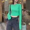 FORYUNSHES韓国のファッション女性Tシャツ長袖蛍光緑/黄色のソリッドクロップトップスリムストリートウェアY2Kトップ210709