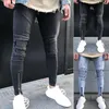 Calças masculinas skinny slim fit reto rasgado destruído angustiado zíper estiramento joelho remendo jeans294c