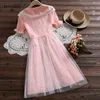 Summer Preppy Style Women Solid Dress Peter Pan Collar With Lace Pink Blue Plaid Short Sleeve Cute Kawaii Tulle 210520