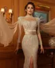 Szampan brokatowe suknie wieczorowe na szyję długie rękawy cekiny suknia na bal maturalny wykonane na zamówienie formalne przyjęcie z przodu rozcięcie długość do podłogi Vestido de novia