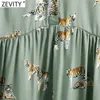 Zevity mujeres Vintage Animal Print plisado hasta la rodilla vestido femenino de manga corta Casual verano Vestidos Chic Retro ropa DS8375 210603