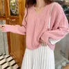 College style sweater V-neck women's autumn pullover lazy loose outer wear foreign solid color knitted top 210427