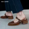 Terlik Kare Ayak Ayakkabı Topuklu Metal DekorasyonG Bayan Slaytlar 2021 Yaz Kadın Katırlar Bayanlar Hakiki Deri