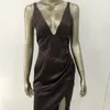 Women Sexy Runway Elegant Designer Brown Split Ice Silk Dress Ladies Club Evening Celebrity Bodycon Party Vestido 210527