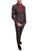 Nyaste One Button Damier Check Groom Tuxedos Red Shawl Lapel Slim Fit Mens Bröllopskläder Formell Party Prom Passar Skräddarsy (Jacka + Byxor)