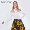 Slim White Strick Pullover für Frauen Rollkragenpullover Langarmkreuz sexy Tops weibliche Modekleidung 210524