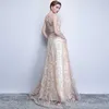 Abito da sera Elegante banchetto Champagne pizzo senza maniche lungo fino al pavimento abito formale da festa Plus Size Robe De Soiree SH1908272818