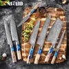 Xituo Kitchen Knivesset Damascus 강철 VG10 요리사 나이프 칼 조종 빵 나이프 파란색 수지 및 컬러 나무 손잡이 요리 도구 4059426