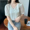 V Neck Short Sleeve Chiffon Shirt Sommar Loose Pearl Beading Chain Blouse Plus Size Pink Tops Office Ladies 210601