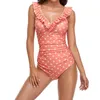 Swimsuits de uma peça sexy biquini vintage vintage vice-pescoço de um pedaço de banho de banho de banho de banho ruffled lace up beachwear