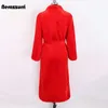 Nerazzurri Winter Long Warm Thick Red Fluffy Faux Fur Coat Women Long Sleeve Stand Collar Belt Elegant Designer Clothing 211019