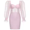 夏の女性のエレガントなピンクのセクシーなスクエアネックレース長袖セレブ滑走路クラブパーティーミニ包帯ドレス210527