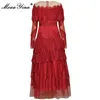 Fashion Designer dress Summer Women's Dress Solid Red Mesh Embroidery Hollow Out Cascading Ruffle Midi Dresses 210524
