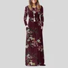 カジュアルドレスレディース秋の冬のドレス花柄の長袖ラウンドネックファッションエレガントなマキシフェミニナベスティドス