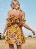 Ombro frio Floral Impressão Mulheres Vestido de Praia Verão Sexy Europeu Mini Vestidos Backless Moda Sólida Bohemia Vestidos 210625