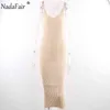 Nadafair col en V tricoté automne basique robe pull hiver femmes fête mince Spaghetti sangle abricot genou longueur moulante robe mi-longue G1214