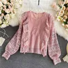 Sweet Lace Holle Out Shirt Dames Casual O-hals Lange Mouw Roze / Rood / Wit Blouse Vrouwelijke Ruche Losse Tops Herfst Blusas 210426
