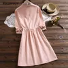 Mori Girl Spring Autumn Women Dress Turn-Down Collar Ribbon Lace Up Vestidos Embroidery De Festa Vintage 210520