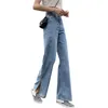 Verano Mujeres Alta Cintura Split Denim Pantalones Recto Ancho Pierna Longitud Larga Jeans Lady Color Sólido Suelto Femenino 210423