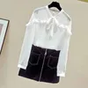 Jesień moda Zobacz przez eleganckie ruffled bow collar damskie topy koreański z długim rękawem biały szyfon bluzka Blusas 11149 210508