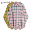 Yitimuceng Bluzka Kobiety Żółty Różowy Office Lady Koszula Koszulki Plaid Koszule Plus Rozmiar Luźny Styl Top Spring Button Up Casual 210601