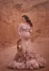 Vintage Mermaid Maternity Jurken Dames Lange Blush Pink Tulle Ruffles Zwangerschap Prom Party Jurken Custom Made Off Shoulder Casual