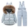 Parka Real Fur Hooded Boy Baby Overalls Girl Clothes Winter Down Jacket Warm Kids dinosaur Coat Child Snowsuit Snow Clothing Set 210916