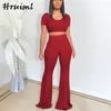 Survêtement Femmes Ensembles Plus Taille Costume Deux Pièces Été Solide À Manches Courtes Crop Top Et Pantalon Flare Ensemble Tenue Vêtements Pour Femmes 210513