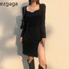 Ezgaga col carré noir robe de soirée femmes automne hiver Sexy fendu à manches longues dames tricot robe moulante Clubwear élégant 210430