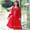 Japonais Preppy Style Vintage Corduroy Robe Sailor Couleur Bow Lace Up Robes Femininos Automne Hiver Élégant Chic 210520