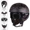 Retro skalle motorcykelhjälm vintage pu läder halvhjälm elektrisk motorcykel scooter hjälm moto casco med skyddsglasögon och mask Q0630