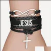Charm pulseiras jóias moda cruz trançada corda de couro para mulheres homens religiosos jesus amor infinito pulseira artesanal em bk gota entrega