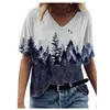 Oversize Femmes T-shirt D'été Casual Paysage Imprimer Streetwear Col En V À Manches Courtes Poches Lâche Tee Tops Plus La Taille Dames Tees 210517