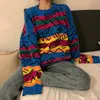 Шикарные ретро сумасшедший стиль свободно тянуть Femme Graffiti Lover Rainbow Striped вязаный свитер о шеи с длинным рукавом PALTLOVER 210522