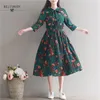 Mori Girl Vintage Groene Floral Gedrukt Drie Kwart Mouw Jurk Dames Verse Japan Stijl Boog Kraag Elastische Taille Plooited Midi 210520