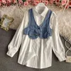 NEPLOE Temperament Spring 2 stks Dames Set Turn Down Collar Lange Mouwen Shirt + Slanke Taille Pocket Denim Vest Slim Suit 210510