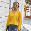 Casual Loose T-shirt Women Solid V Neck Long Sleeve Pockets Decor Knitted Tshirt Autumn Winter Fashion Ladies Pullover Tops 210526