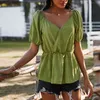 Frauen Bluse Sommer Sexy V-ausschnitt Puffer Kurzarm Salbei Grün Hemd Mode Zerknitterte Dünne Hemden Blusas Damen 210517