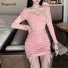 Sexy Slim All-match Waist Long Sleeve Pleated Dress Fashion Expose Clavicle Korean Drawstring Sheath Hip Vestidos 12146 Casual Dresses