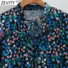 Zeefity Dames Vintage V-hals Lace Up Floral Print Hem Plooien Ruffles Jurk Vrouwelijke Lange Mouw Casual A-lijn Vestido DS4847 210603