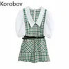Korobov Summer New Women Tute Vintage Turn-Down Collar Puff Manica corta Tute Coreano Plaid Patchwork Abbigliamento 210430