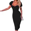 Dubbellaag Mesh Ruched Midi Jurk Dames Zomer Korte Bladerdeeg Mouw Backless Sexy V-hals Bodycon Club Party Jurken