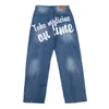 Original Patchwork étoiles lettre impression Denim pantalon hommes et femmes droite ambiance Style haute rue déchiré surdimensionné jean