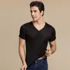 Suyadream Homens Básico Camisetas Natural Silk V Neck Sólida Manga Curta Camisas Branco Preto Primeira Primavera Primavera Top 210329